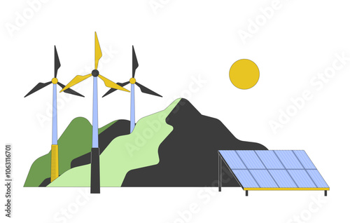 Renewable energy technologies cartoon flat illustration. Windfarm windenergy. Solar panel photovoltaic. Alternative power generation 2D scene isolated on white background. Vector colorful image