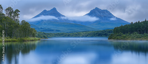 Misty Mountain Majesty: Serene lake reflecting majestic twin peaks shrouded in morning mist. A breathtaking landscape photograph capturing tranquility and natural beauty. 