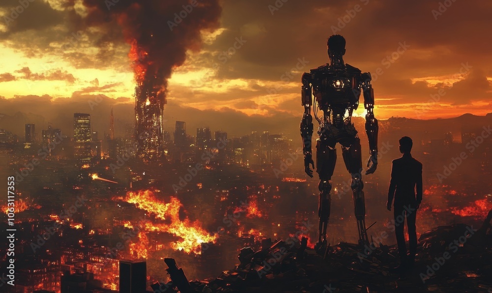 Fototapeta premium Burning cityscape with a robot and man.