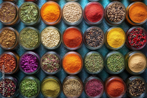 A rich spectrum of spices in glass jars is laid out against a textured background, beautifully expressing a colorful and flavorful universe of culinary possibilities.