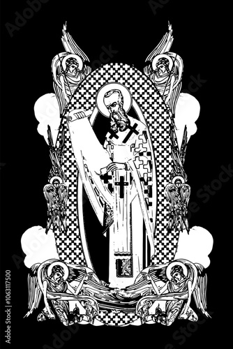 Anastasius I Dicorus. Illustration with angels and seraphim in heaven black and white in Byzantine style