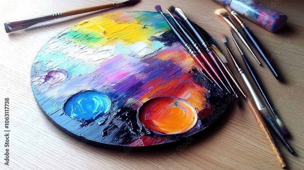 Colorful Palette with Brushes and Paints Colorful Palette with Brushes and Paints