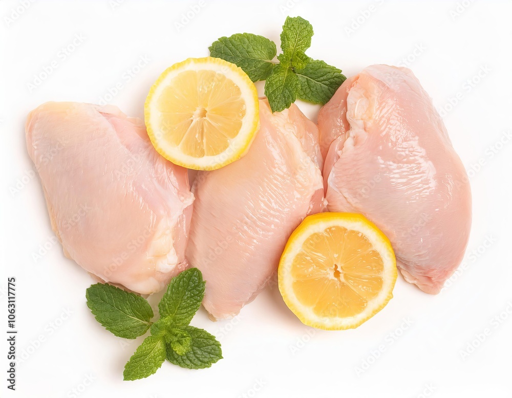 Raw chicken breast fillets with lemon and mint on white background Raw chicken breast fillets with lemon and mint on white background