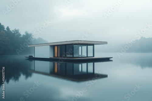 A box-shaped architectural house perfectly reflects on the still lake waters. The modern design embraces the calm and balance between man-made and nature. photo