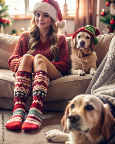 Young caucasian woman in red sweater and Christmas socks sitting with dog by Christmas tree at home. 