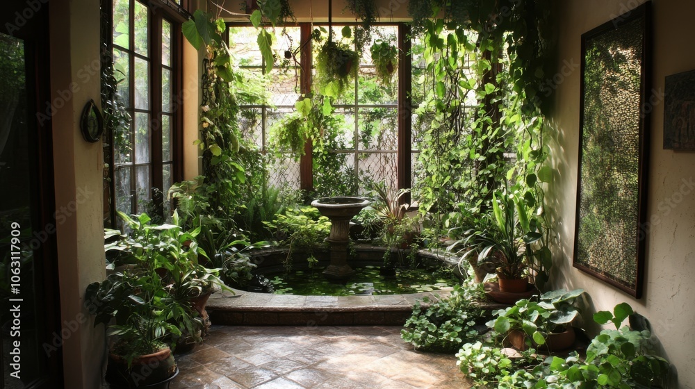 An inviting indoor garden with cascading vines and leafy plants An inviting indoor garden with cascading vines and leafy plants