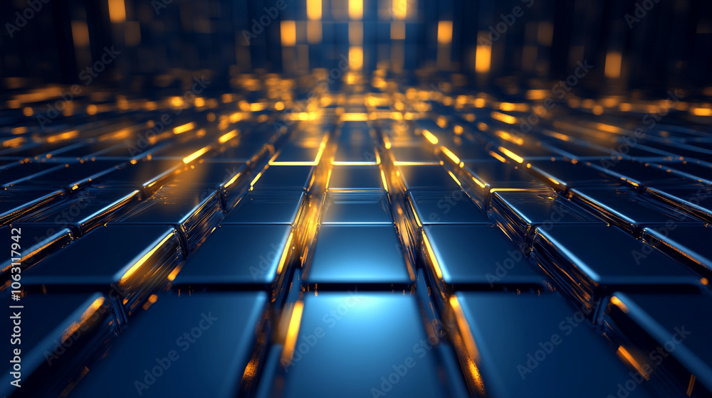 Obraz premium Digital technology gold light effect dark blue empty room background. 