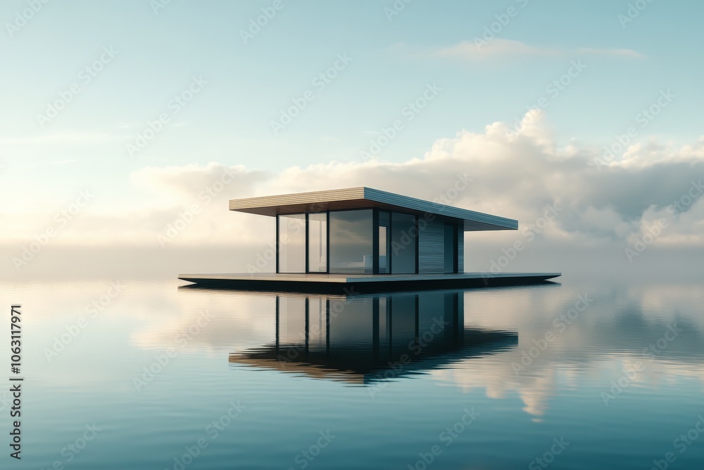 A sleek, contemporary floating structure is set against a backdrop of tranquil water and clouds, seamlessly blending modern architecture with natural beauty. A sleek, contemporary floating structure is set against a backdrop of tranquil water and clouds, seamlessly blending modern architecture with natural beauty.