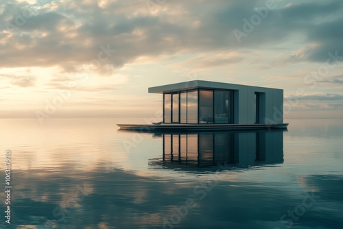 A modern, minimalist floating house sits tranquilly on calm water under a soft sunrise sky, reflecting peace and serenity amidst a vast watery expanse. photo