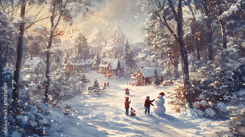 A cozy scene of a family building a snowman in a snow-covered forest, with a festive Christmas village visible in the background 