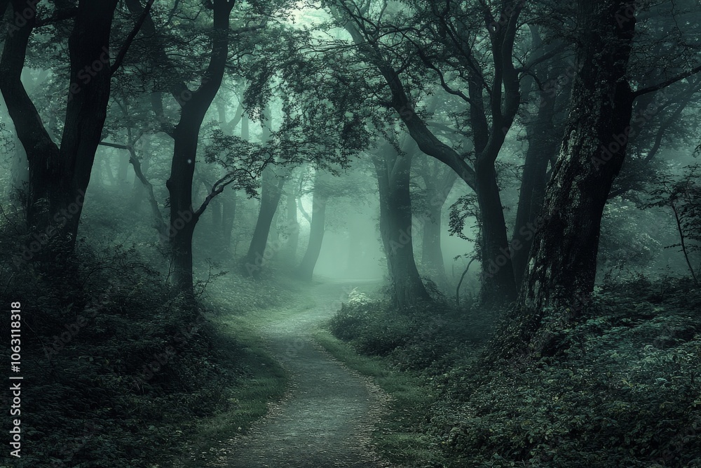 Obraz premium An eerie path winds through a dense, mist-shrouded forest, enveloped in shadows cast by towering, ancient trees, creating a mysterious and enchanting atmosphere.