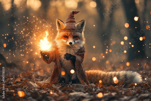 A cute fox dressed as a wizard conjures glowing magic in a forest at dusk, creating an enchanting and playful atmosphere full of mysterious charm and warmth.