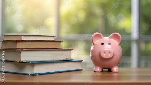 Piggy bank next to stacked books in an inspiring workspace symbolizing wealth and financial education