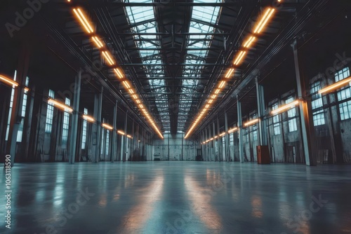 A spacious, industrial interior featuring high ceilings, large windows, and rows of overhead lights, creating a unique atmosphere.