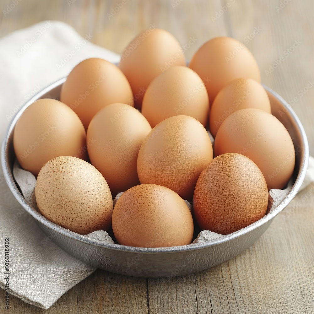 A dozen brown eggs arranged in a circular metal tray on a wooden surface. A dozen brown eggs arranged in a circular metal tray on a wooden surface.