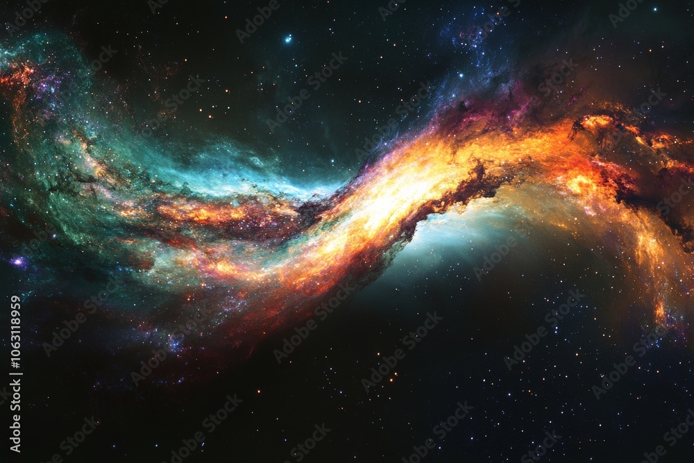 Obraz premium A captivating image of a colorful cosmic nebula, featuring swirling star formations and exhibiting a blend of vivid colors in the vastness of space.