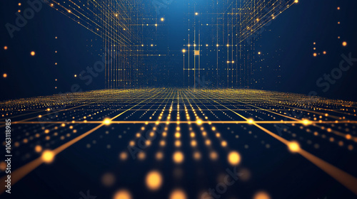 Digital high tach technology gold light halftone meta verse dark blue background.  