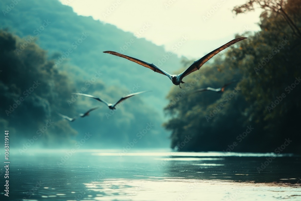 © ChaoticMind - A group of pterosaurs gliding above a mist-covered river flanked by lush forests, creating a mystical and serene representation of prehistoric wildlife in motion.