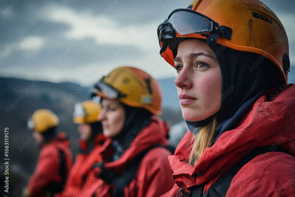 A determined woman in rescue gear stands prominently against a backdrop of gray skies, embodying strength, courage, and sense of duty alongside her team members. A determined woman in rescue gear stands prominently against a backdrop of gray skies, embodying strength, courage, and sense of duty alongside her team members.