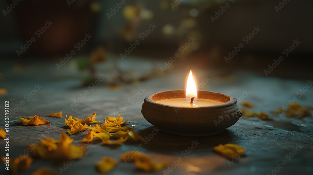 A Single Candle Flame Amidst Fallen Petals A Single Candle Flame Amidst Fallen Petals