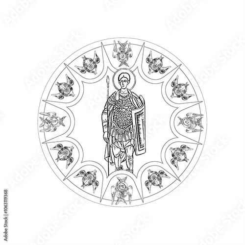 Saint Demetrius (name english) sky round dome with 4 apostles and seraphim. Coloring page in Byzantine style photo