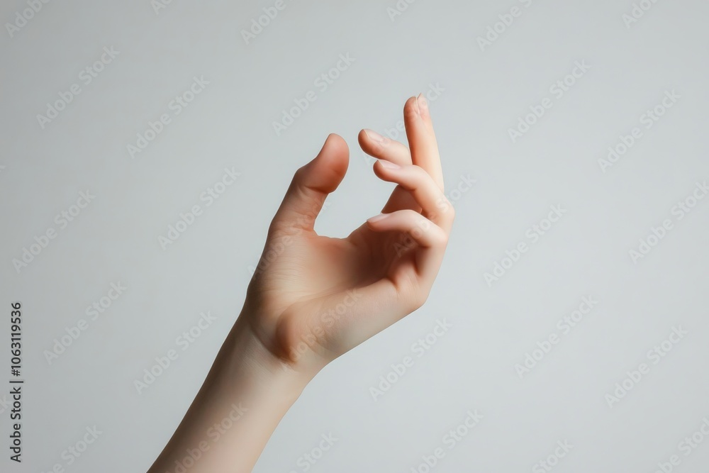 Naklejka premium An elegant hand gesture captured in soft light set against a neutral background, showcasing the grace and delicacy of human expression through form and light.