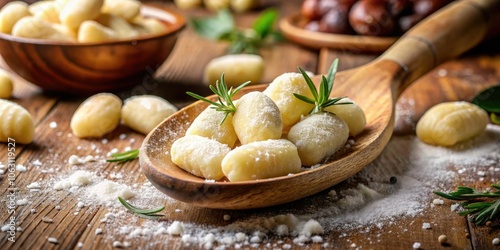 Indulge in authentic Italian delight with our fresh handcooked potato gnocchi, crafted with love and tradition, served elegantly on a wooden spoon, bursting with flavor. photo