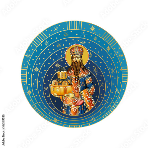 Saint Stefan Milutin. Starry sky round illustration in Byzantine style photo