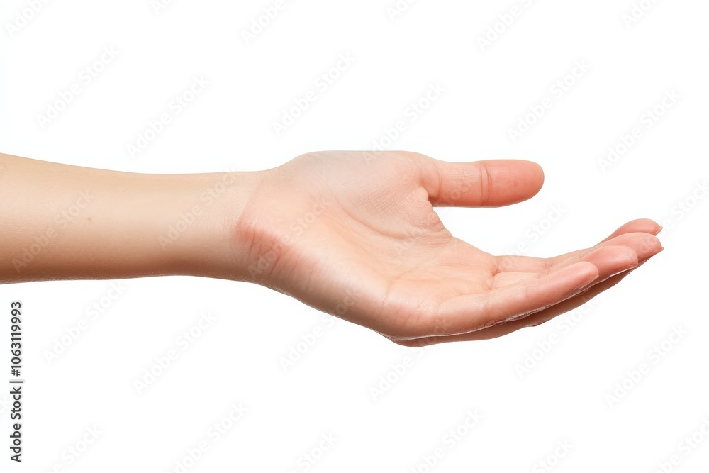 A human hand is seen open and reaching out against a crisp white background, signifying openness, giving, and receiving, captured with soft, natural lighting. A human hand is seen open and reaching out against a crisp white background, signifying openness, giving, and receiving, captured with soft, natural lighting.