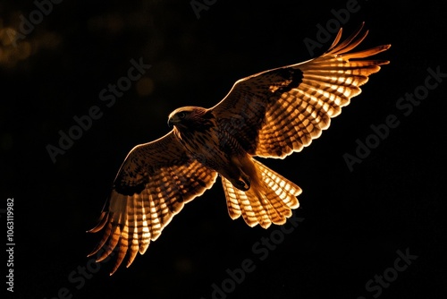 An eagle is majestically soaring with its wings spread wide against a backdrop of dark sky, embodying freedom, power, and grace, captured in vibrant detail. photo