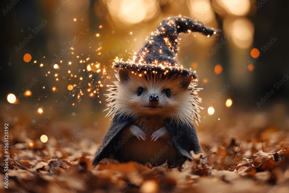 Obraz premium A whimsical hedgehog dressed as a sorcerer, surrounded by floating sparks in an autumn forest, creating an aura of magic and wonder in a delightful setting.