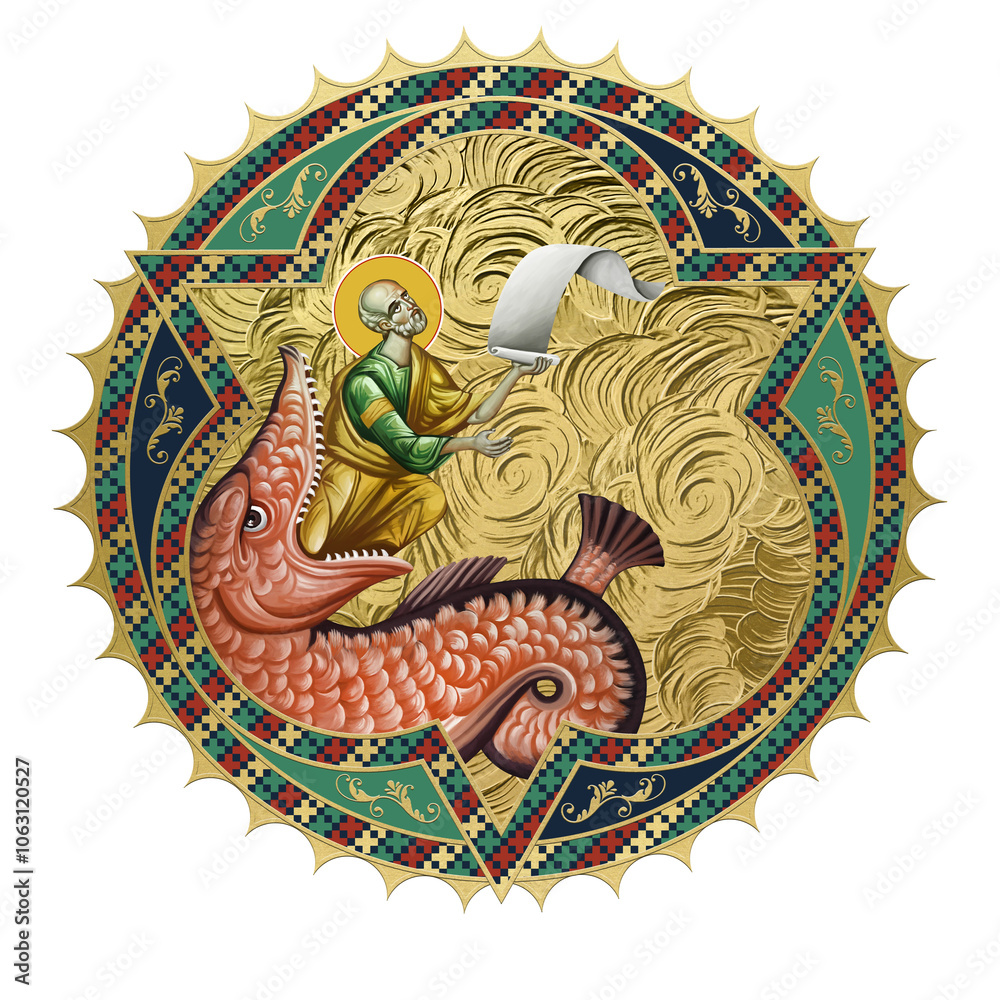 Fototapeta premium Saint Jonah and the Whale. Religious decorative sun- dome. Illustration in Byzantine style isolated