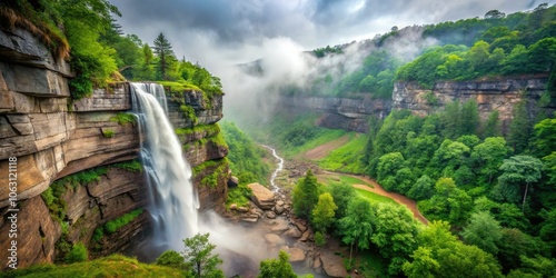 Kaaterskill Falls emerges through a thick fog, showcasing a breathtaking waterfall surrounded by vibrant greenery, creating a serene and tranquil landscape in nature's embrace. photo