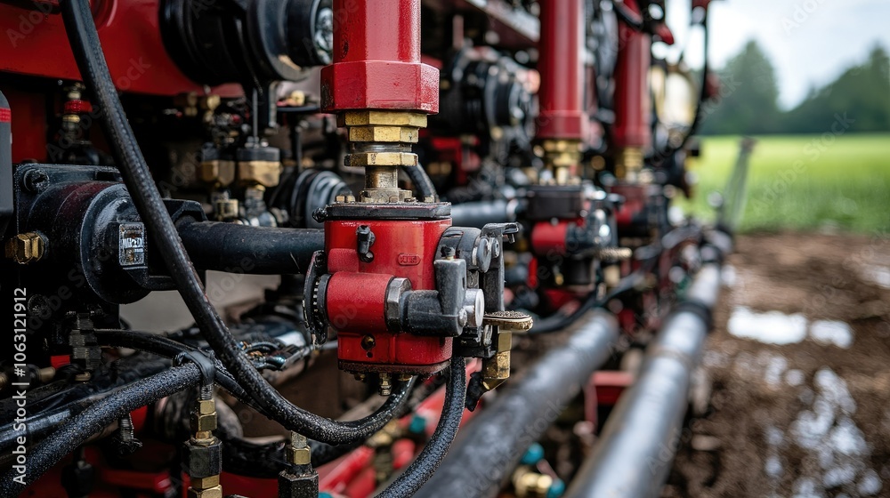 Agricultural hydraulic system with visible pipes, valves, and connections, field in background. Agricultural hydraulic system with visible pipes, valves, and connections, field in background.