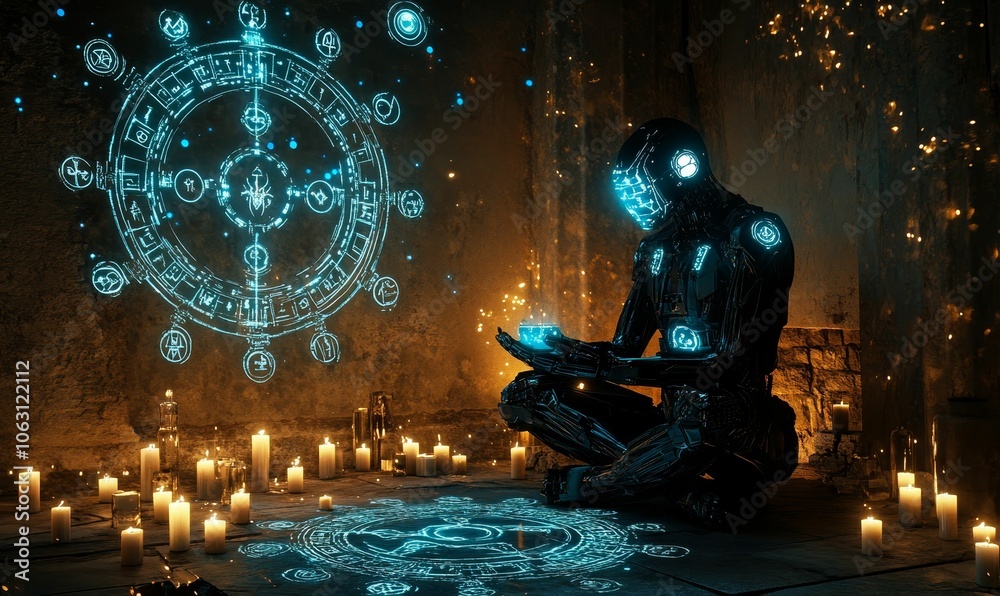 Robot meditating with glowing symbols. Robot meditating with glowing symbols.