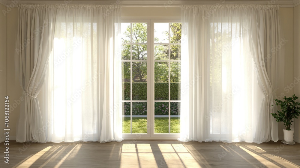 Fototapeta premium Bright Room with Sheer Curtains and Garden View