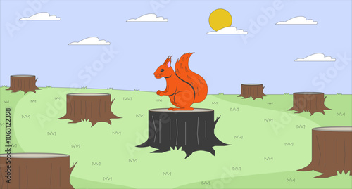Deforestation environmental issues flat illustration. Squirrel lost habitat 2D character cartoon background. Endangered rodent. Illegal logging. Forest destruction scene vector storytelling image
