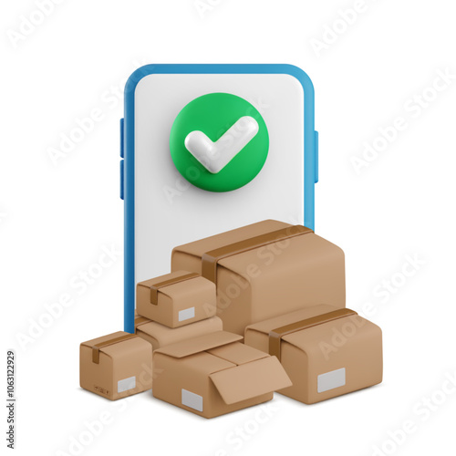 Vector cartoon 3d smartphone with green yes check mark button and cardboard boxes pile. Cute minimal realistic 3d render approved parcel delivery, safe logistics, successful order received concept.