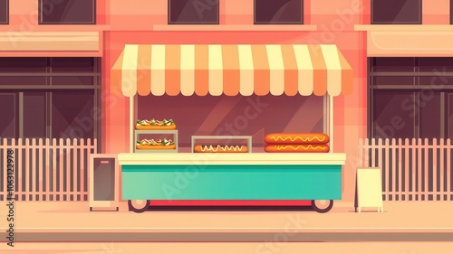 Artistic depiction of a hotdog cart in a busy city, with toppings like mustard, relish, and onions available, Classic hotdog stand in city, Traditional and nostalgic photo