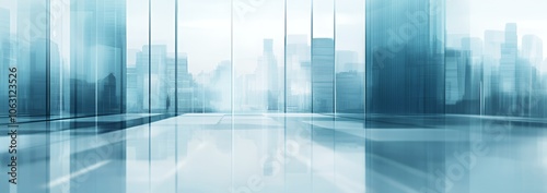 Abstract view of a modern office building with a city skyline through the windows.