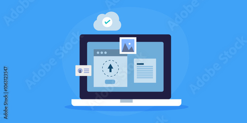 Cloud storage sync data and file for backup, online access control with passkey, secure network and database management, computing process vector illustration web banner.