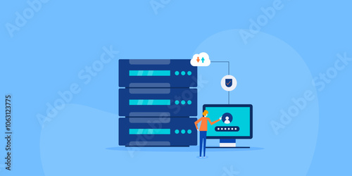 Business person using secure cloud hosting network, running application program and website on cloud server, conceptual business technology vector illustration.