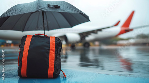 Travel protections commerce concept Ruddy umbrella cover plane and bags on blue foundation Travel protections covers misfortune bag flight delays cancellations mischance and therap
