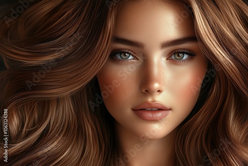 Digital portrait of woman with flowing caramel brown wavy hair