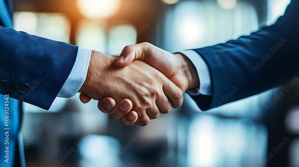 Businessmen shaking hands in an office close-up view Businessmen shaking hands in an office close-up view