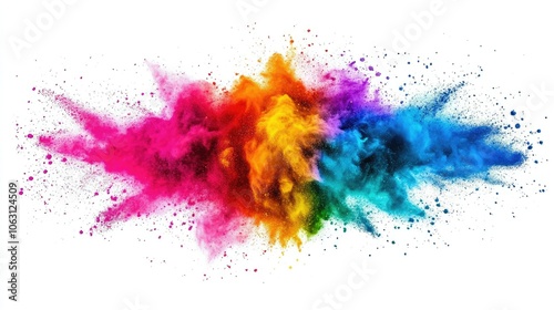 Colorful Holi powder scattered on white background, a mix of bright, bold colors in a playful pattern