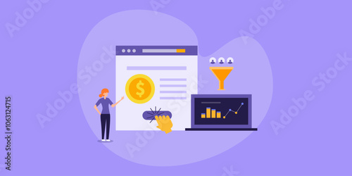 Pay per click marketing and website display advertising analytics information, sales funnel data and revenue graph on laptop screen, business character people vector illustration.