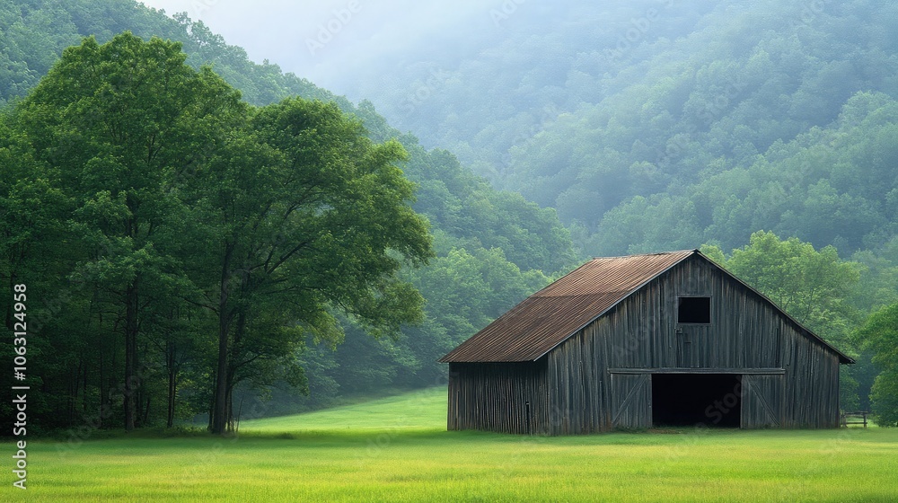 Serene Barn Surrounded by Lush Greenery and Hills Serene Barn Surrounded by Lush Greenery and Hills