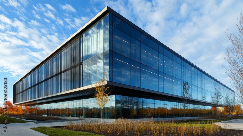 Close-up of a modern office buildings exterior, focusing on its sleek metal and glass materials with reflections of the sky. Close-up of a modern office buildings exterior, focusing on its sleek metal and glass materials with reflections of the sky.