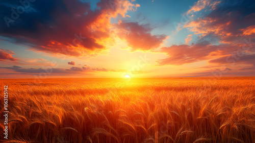 A Golden Sunset Casting Warm Light Over Vast Wheat Fields, with Silhouetted Farm Buildings in the Distance 